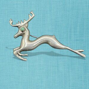 Vintage Old Sterling Silver Turquoise Mexico Deer Stag Brooch Buck